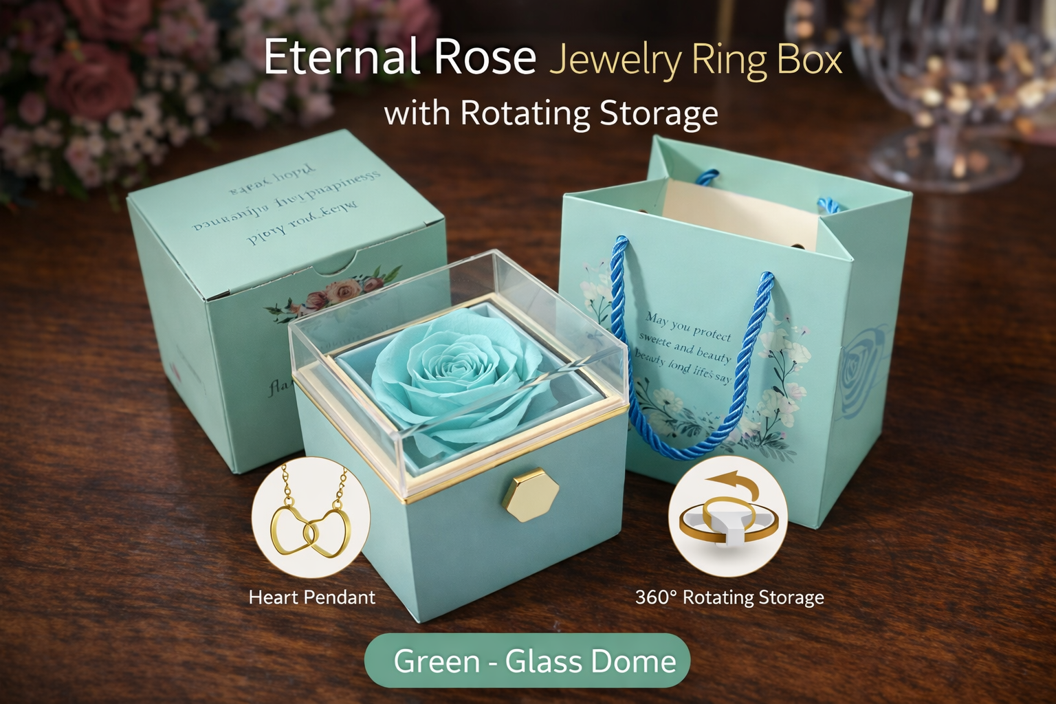 Preserved Eternal Rose Jewelry Ring Box – Rotating Storage Valentine Gift for Women