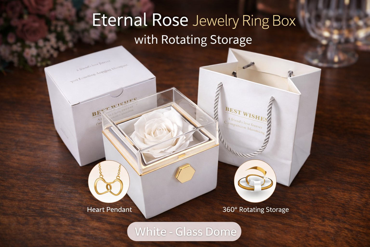 Preserved Eternal Rose Jewelry Ring Box – Rotating Storage Valentine Gift for Women