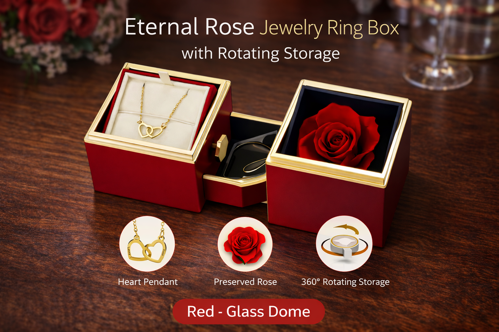 Preserved Eternal Rose Jewelry Ring Box – Rotating Storage Valentine Gift for Women