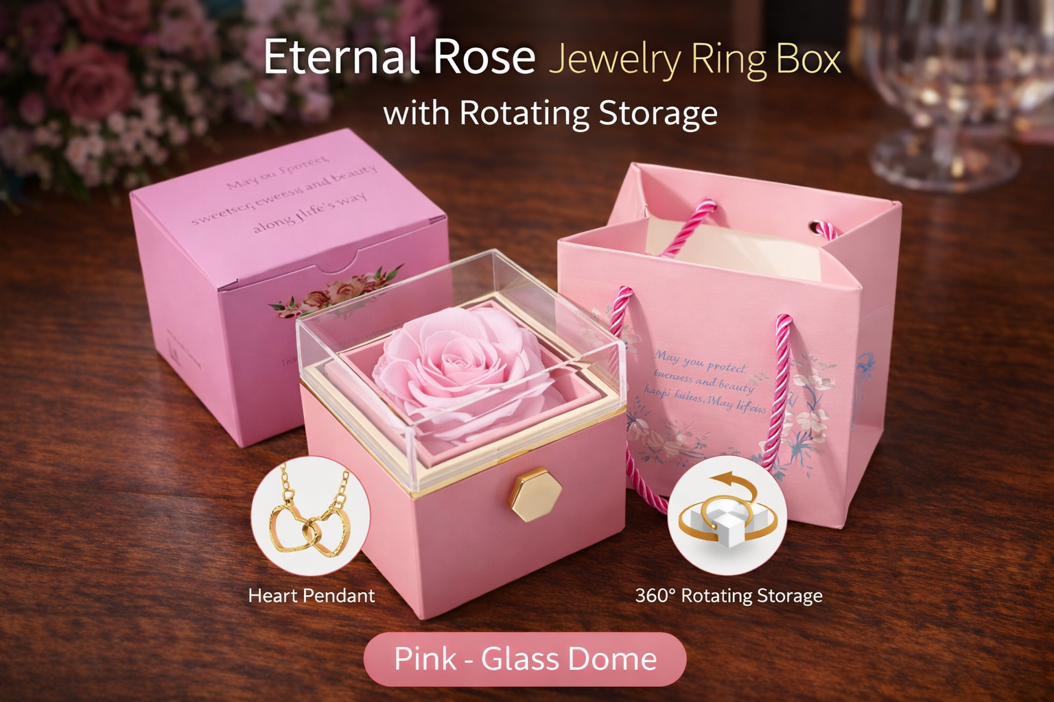 Preserved Eternal Rose Jewelry Ring Box – Rotating Storage Valentine Gift for Women