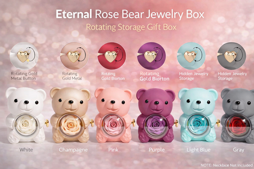 Eternal Rose Bear Jewelry Box – Rotating Storage Gift Box with Real Rose