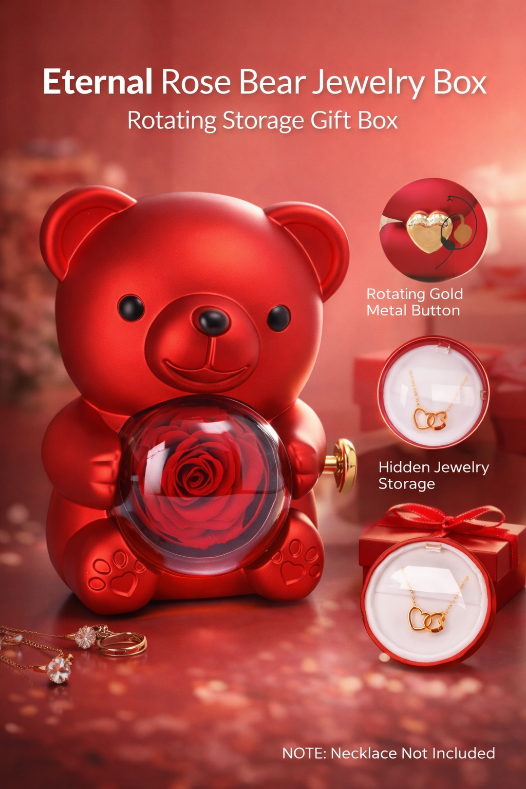 Eternal Rose Bear Jewelry Box – Rotating Storage Gift Box with Real Rose